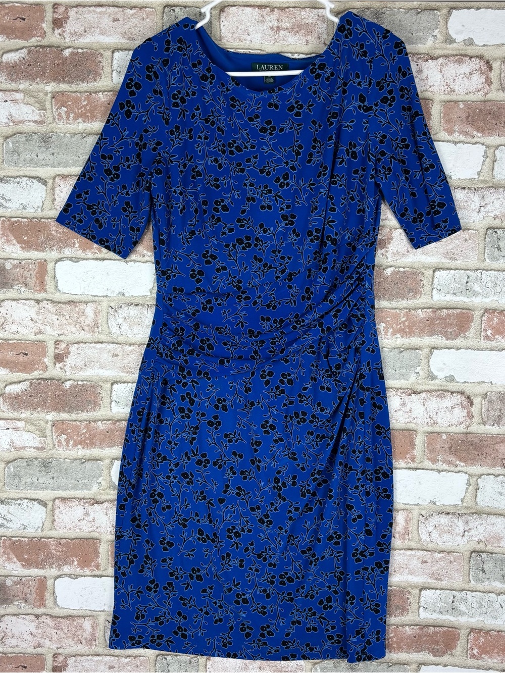 Ralph Lauren Blue Ocean Flower Print Sheath Dress Wrap 3/4 Sleeve SZ 10 VTG